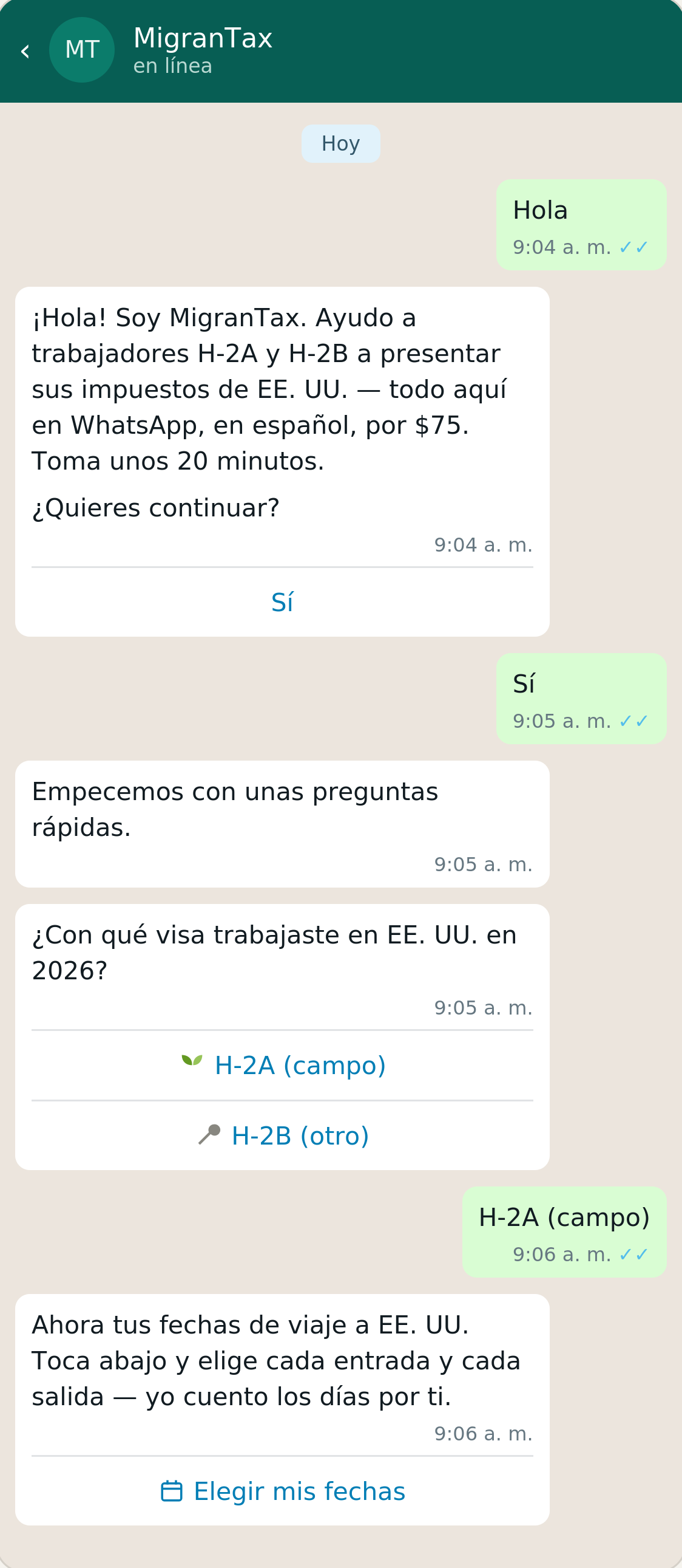 Conversación de WhatsApp con MigranTax